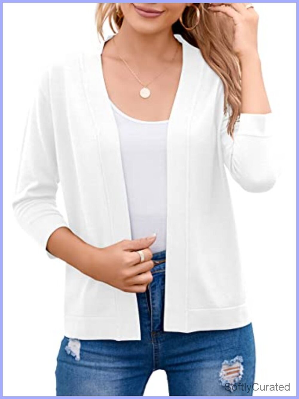 Womens 3/4 Sleeve Open Front Cropped Cardigan Shrug Lightweight Sweater